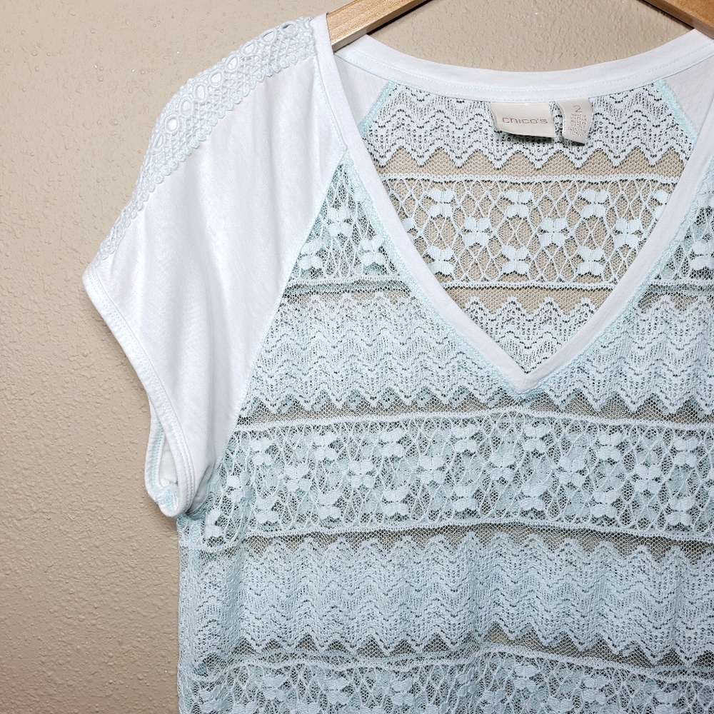 **Sold** Chico's Pieced Lace Short Sleeve Tee Top 2 / L - Picture 3 of 7